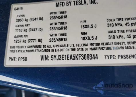 2019 Tesla Model 3 Long Range/Mid Range/Standard Range/Standard Range Plus из США, поврежденный, VIN 5YJ3E1EA5KF309344